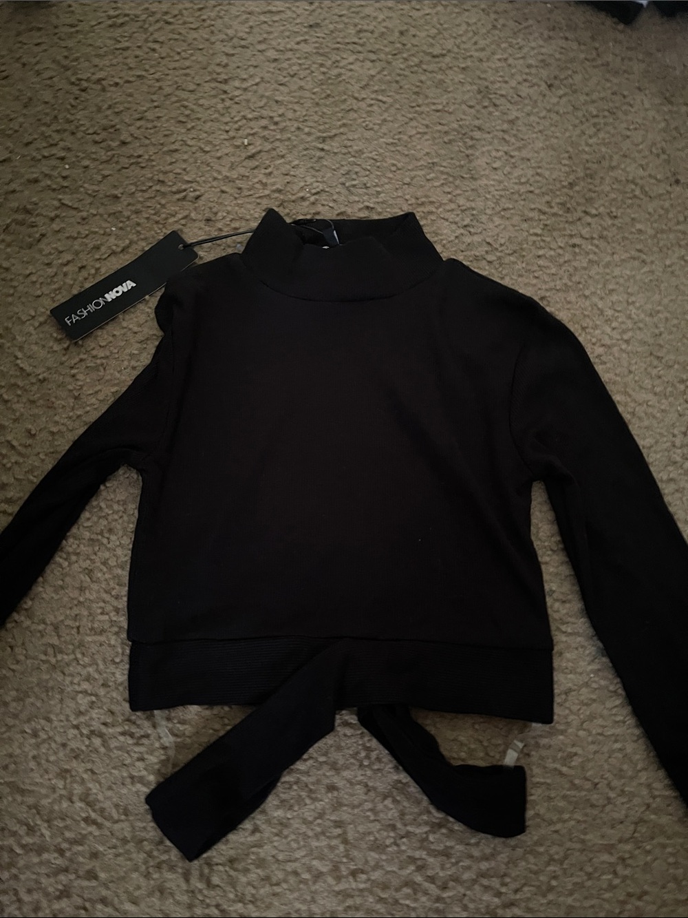 Fashion Nova Black Cropped Mock Neck Long Sleeve Top with Tie-Back